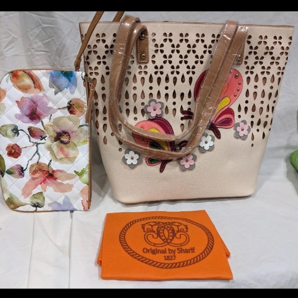 Sharif NWT leather handbag shopper tote with cosmetic bag and dust cover